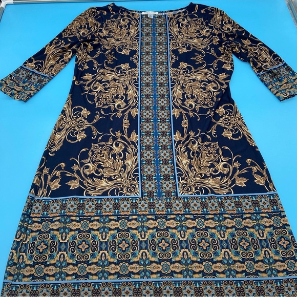 London Style Elegant Navy and Gold Patterned Dress Size 16 - Picture 1 of 6